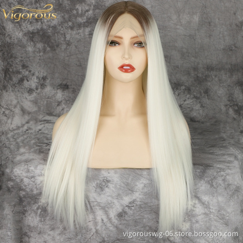 Hand Tied Free Part Full Synthetic Lace Front Wig Preplucked Hairline High Temperature Fiber Ombre Blonde Synthetic Wig
